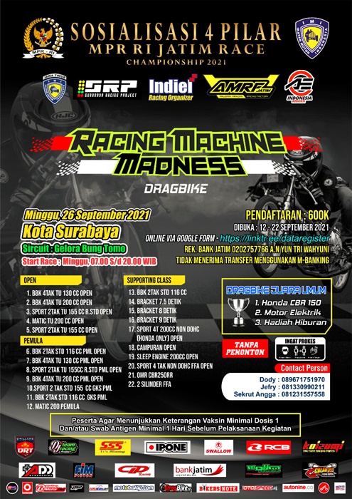Sosialisasi 4 Pilar MPR RI JATIM Race Championship 2021 Racing Machine Madness Drag Bike